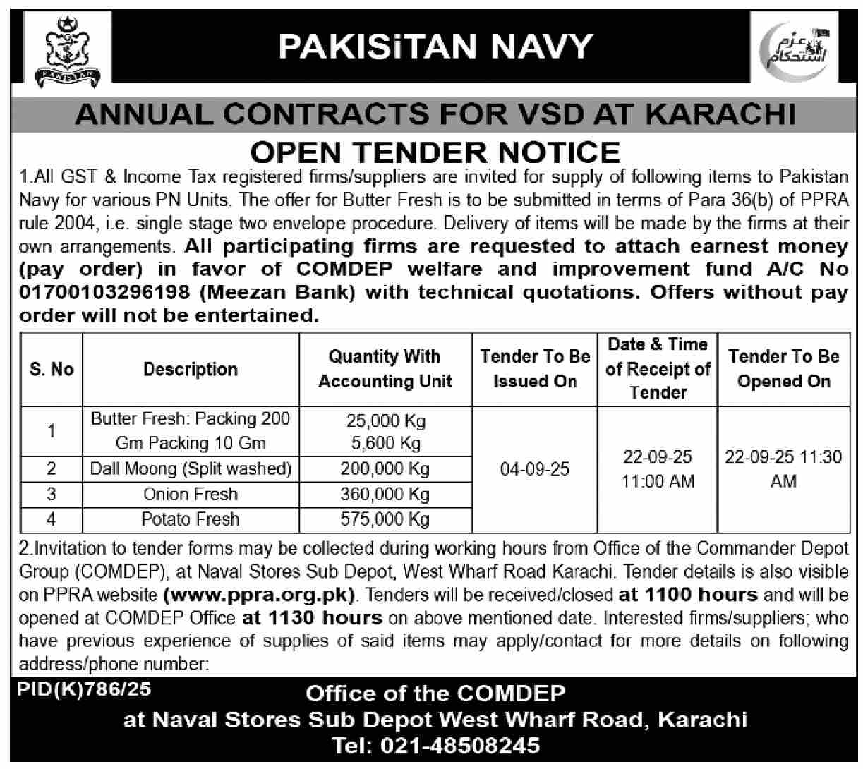 Pakistan Navy Karachi Tender Notice